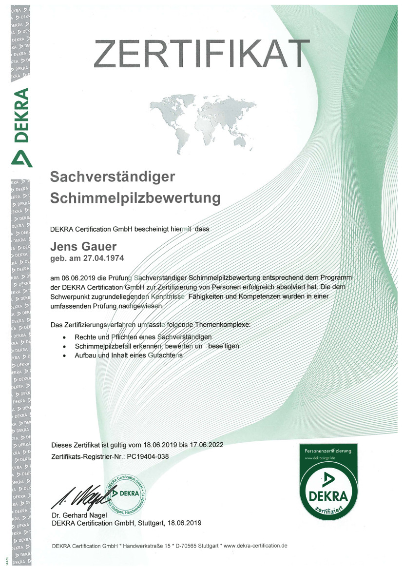 DEKRA Zertifikat Schimmelpilzbewertung