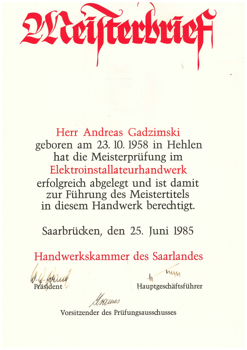 Meisterbrief Elektroinstallateurhandwerk
