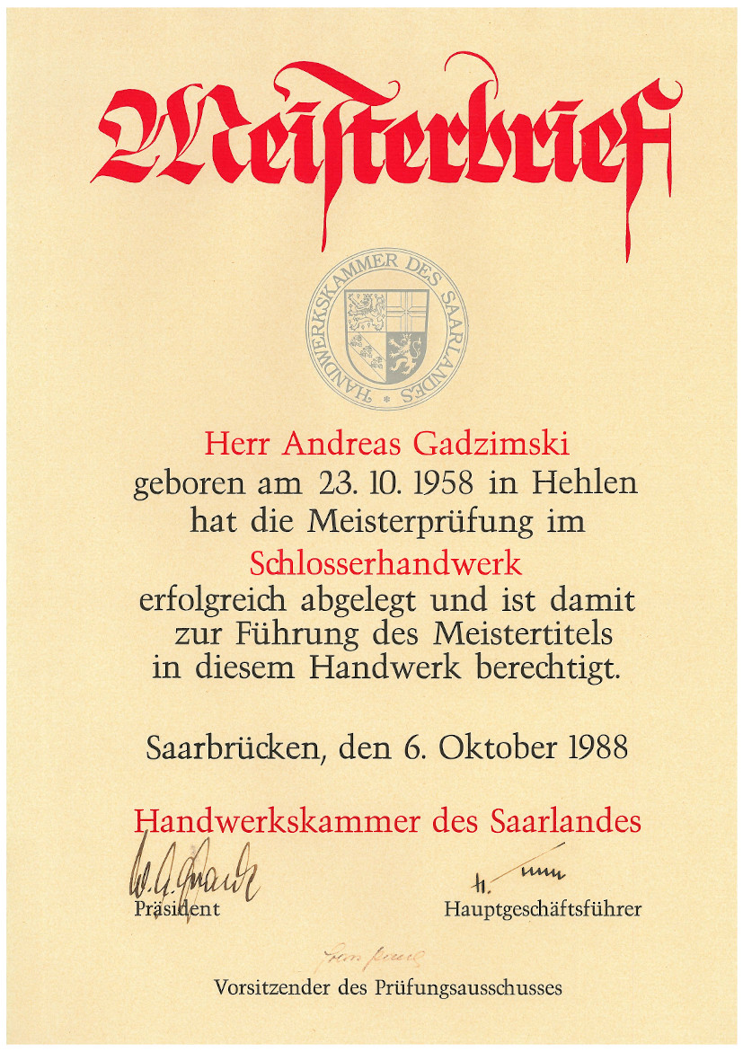 Meisterbrief Schlosserhandwerk