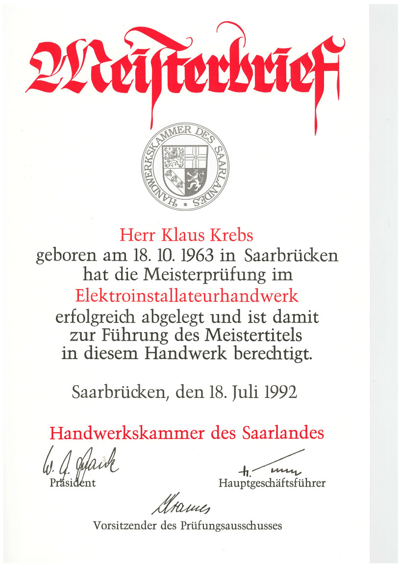 Meisterbrief Elektroinstallateurhandwerk