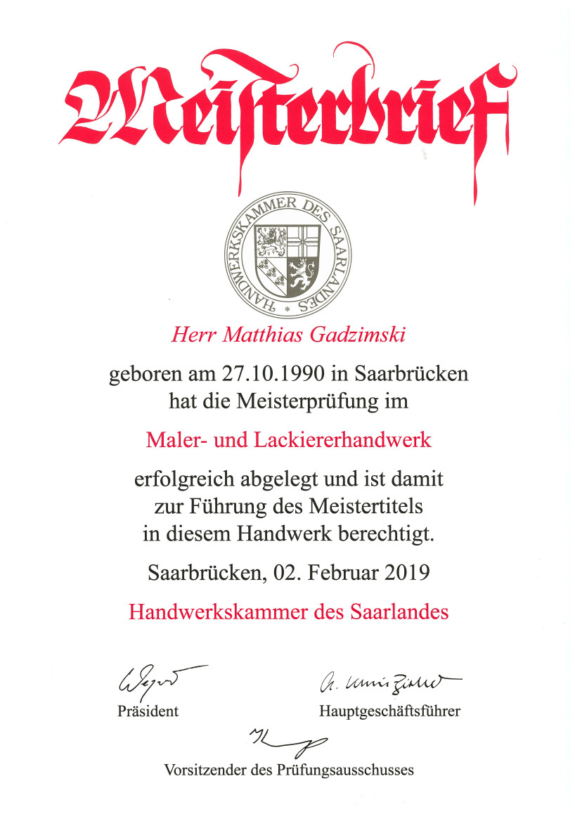 Meisterbrief Maler- und Lackiererhandwerk