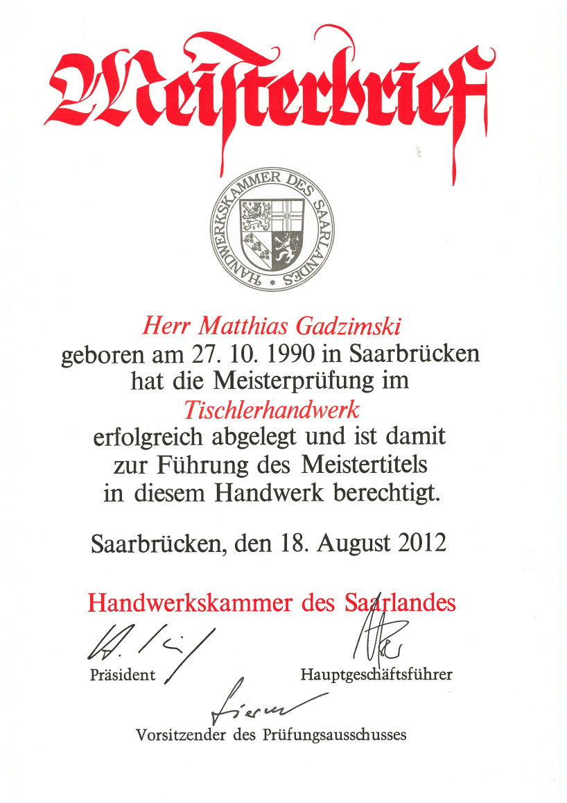 Meisterbrief Tischlerhandwerk