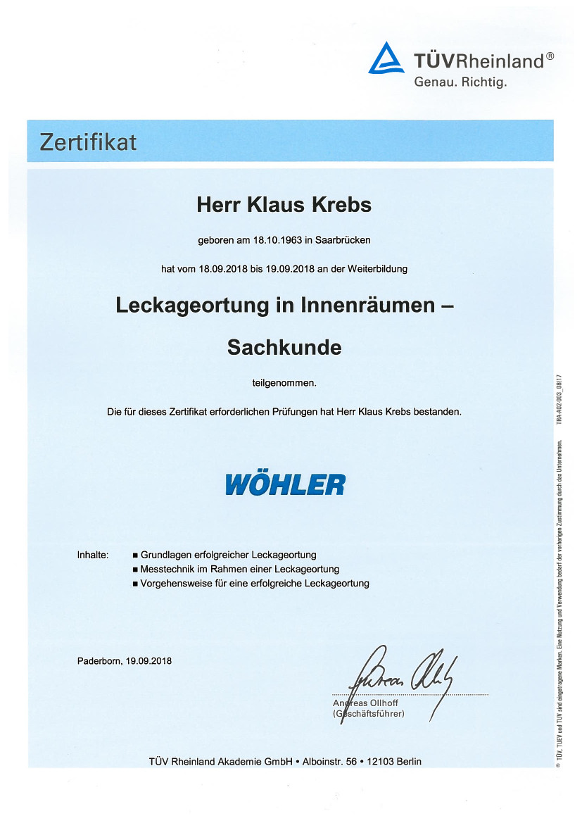 TÜV Zertifikat Leckageortung Krebs