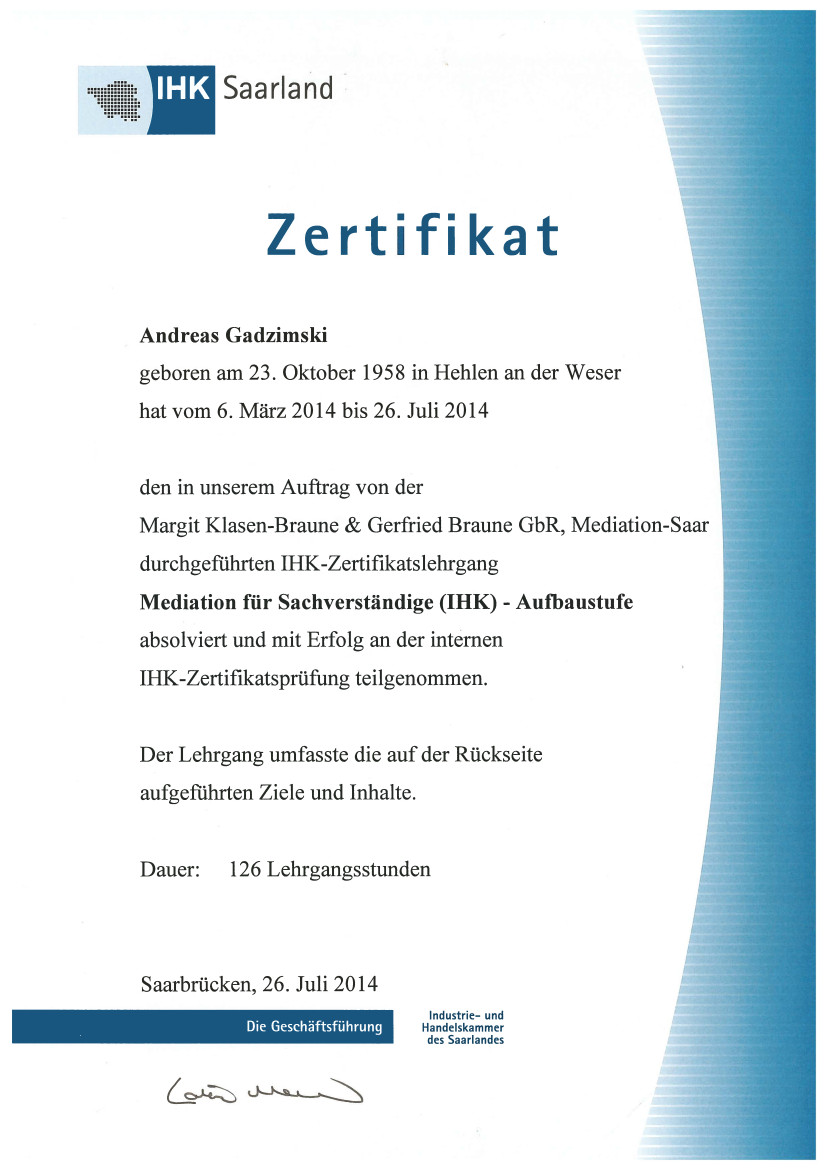 IHK-Zertifikat Mediation für Sachverständige Andreas Gadzimski