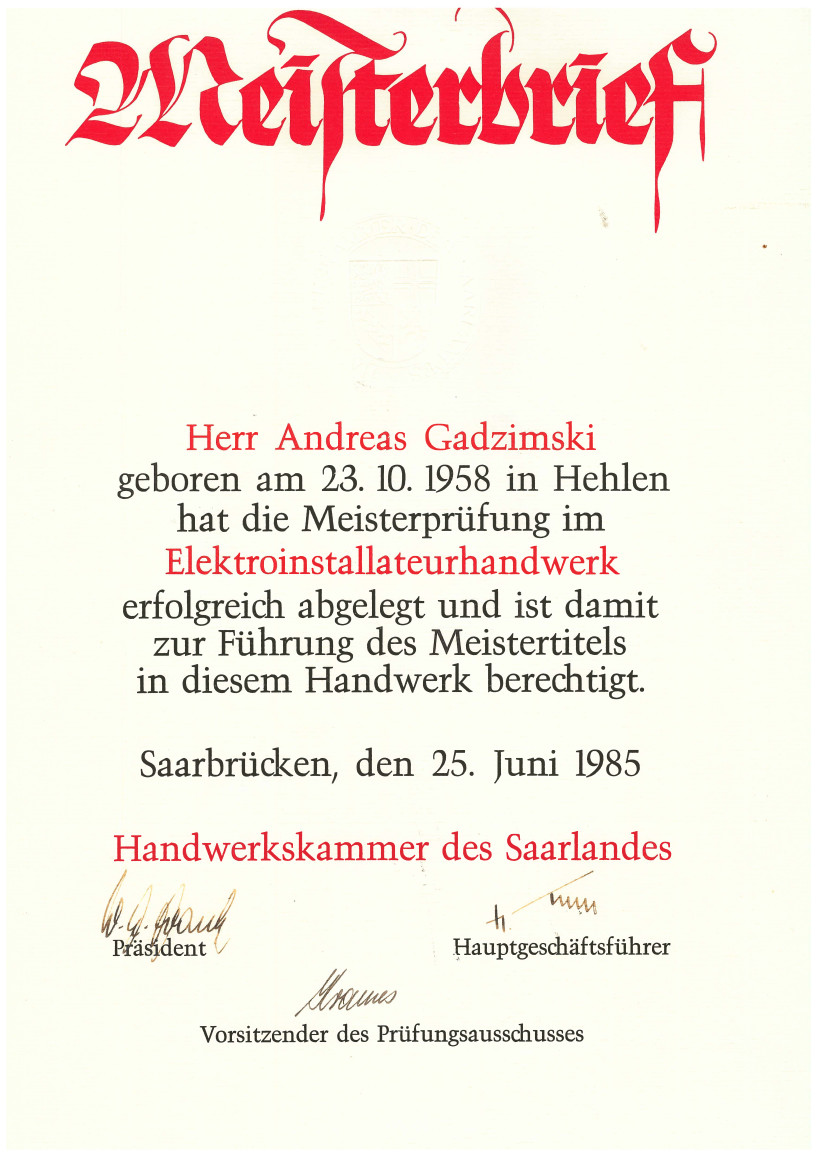 Meisterbrief Andreas Gadzimski Elektroinstallateurhandwerk