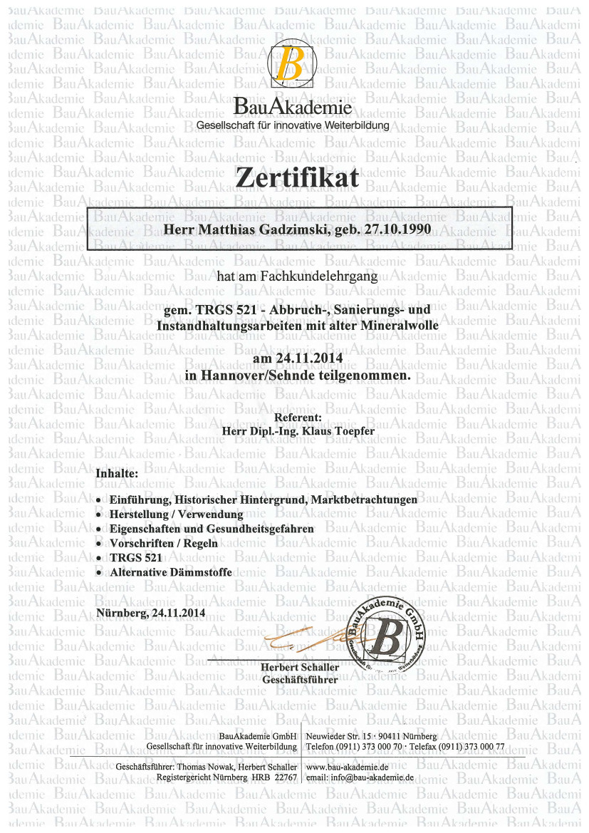 Zertifikat Fachkundelehrgang Mineralwolle Matthias Gadzimski